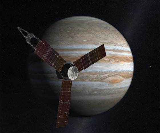 This artist's rendering shows the Juno spacecraft circling Jupiter. On Thursday, the spacecraft executed the first of two engine burns aimed at setting itself up for an Earth gravity assist next year. It's due to arrive at Jupiter in 2016.